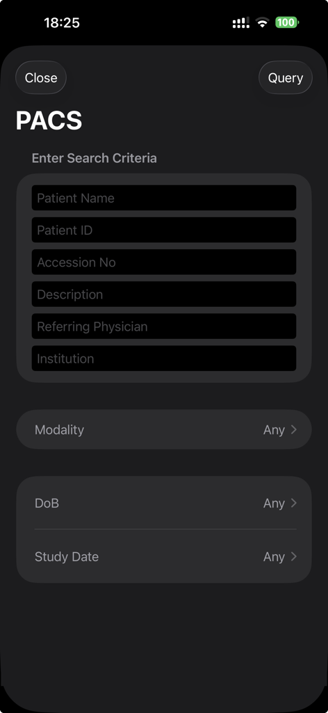 Falcon Mx - Falcon Mx app screen showing the PACS query interface with search fields for patient name and ID