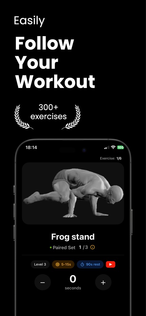 Calimax: Calisthenics Coach - Interfaz de entrenamiento de la aplicación Calimax que muestra un ejercicio de parada de rana con una demostración de modelo 3D y un rastreador de progreso.