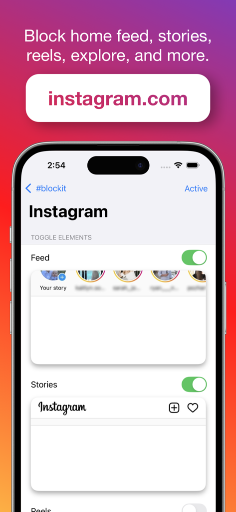 #blockit: Block distractions - iPhone screen showing blockit app settings to hide the Instagram feed and stories