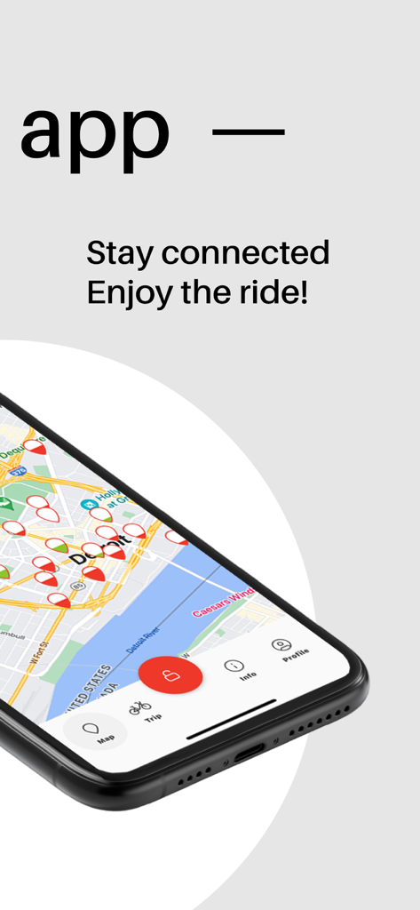 PBSCモバイルアプリのインターフェースに、デトロイトのバイクシェアステーションマップが表示されています。