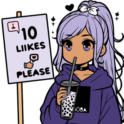 girl with a high ponytail and a hoodie drinking boba staring at a sign saying 10 likes please