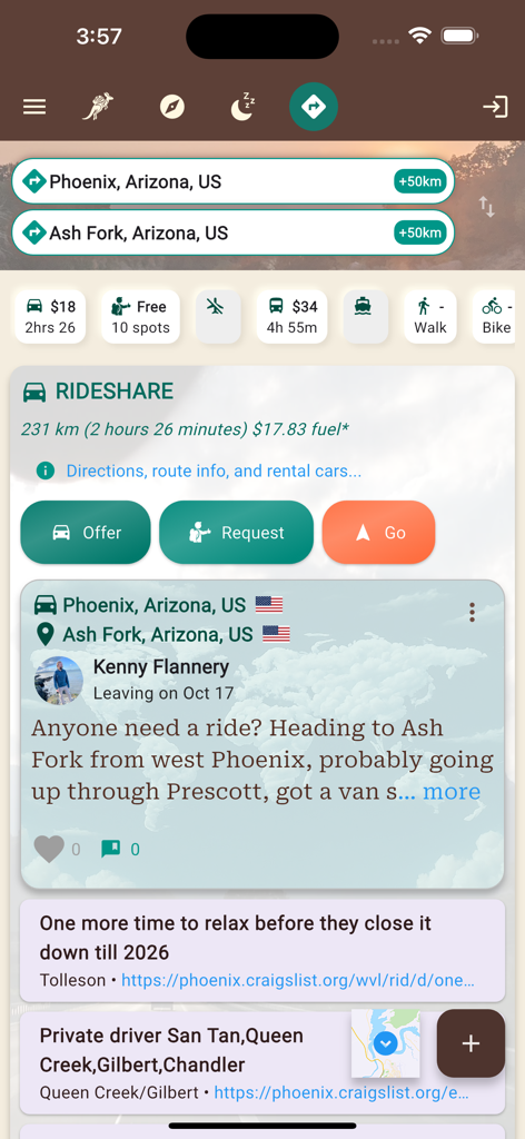 Interfaz de la aplicación Trip Hopping mostrando una oferta de viaje compartido para un viaje de Phoenix a Ash Fork