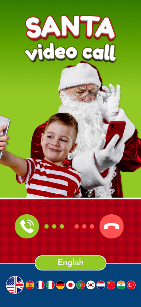 Santa Video Call – Fake Chat - A young boy and Santa Claus on a video call app screen with accept and decline call buttons.