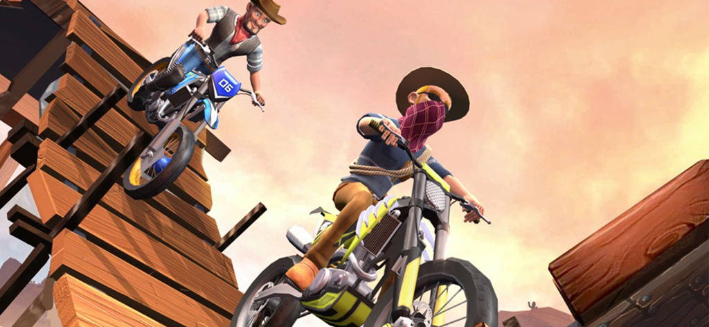 Mountain Bike Xtreme Racing - Dos corredores realizando acrobacias en motos de cross sobre una rampa de madera.