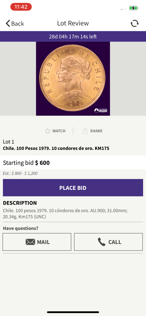 South of the World Auctions - Una pantalla de revisión de lotes móviles de South of the World Auctions que muestra una moneda de oro chilena de 100 Pesos de 1979 con opciones de puja.