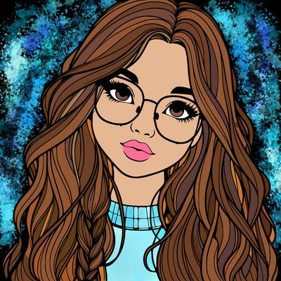 girl with long hair and freckles and glasses realistic