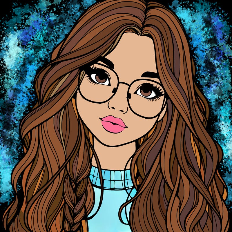 girl with long hair and freckles and glasses realistic
