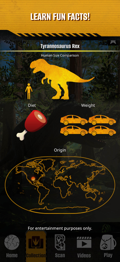 Educational screen from the Jurassic World Play app showing Tyrannosaurus Rex facts including human size comparison and diet.