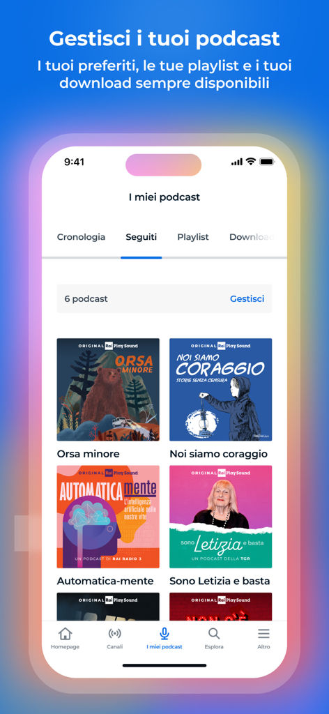 RaiPlay Sound: radio e podcast - RaiPlay Sound アプリのインターフェース。パーソナルセクションでフォローしているポッドキャストのリストを表示しています。