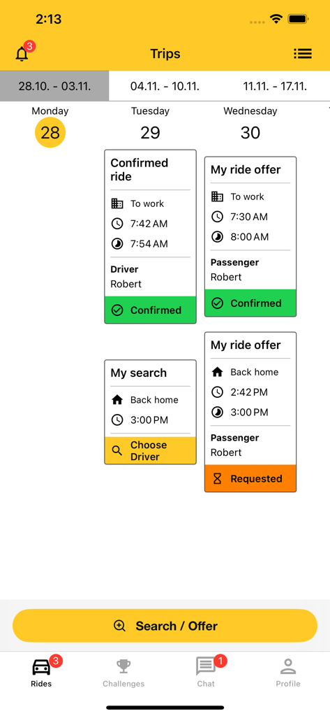 RideBee - RideBee app screenshot showing a weekly carpool calendar with confirmed rides and offers