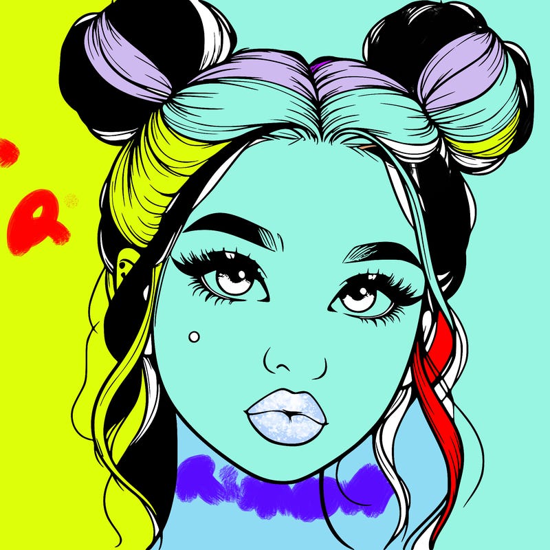 realistic girl with two buns on her hair and lips