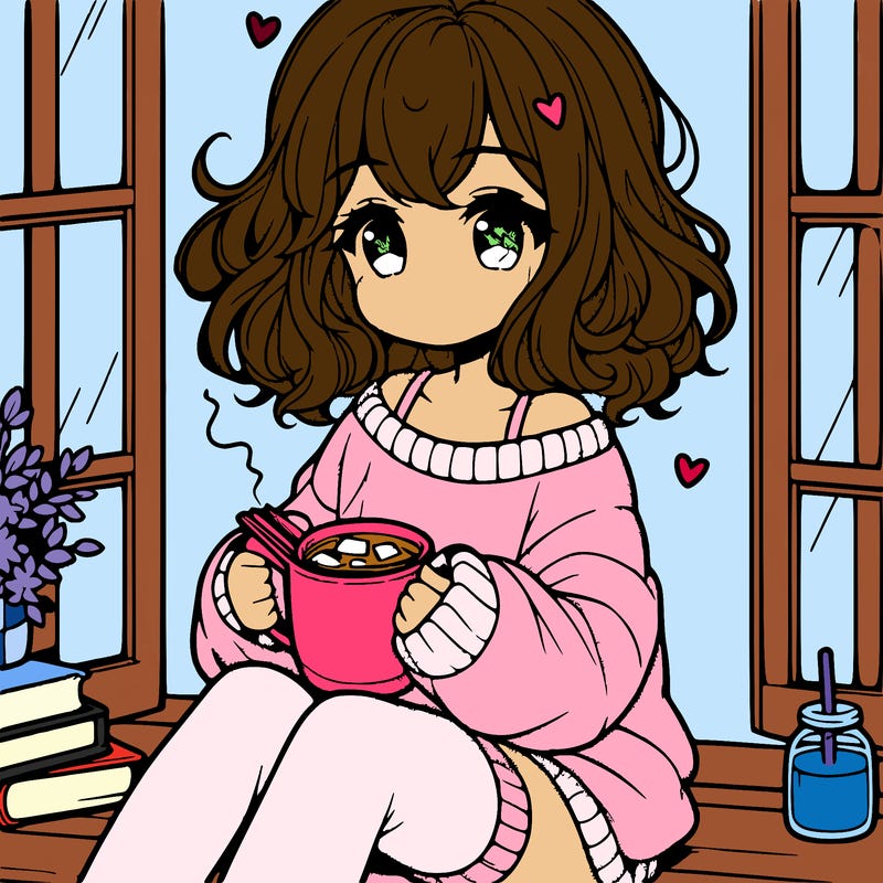 cute anime girl reading book and drinking hot chocolate from mug with loose wavy hair wearing a baggy sweatshirt and shorts sitting by windowsill looking out