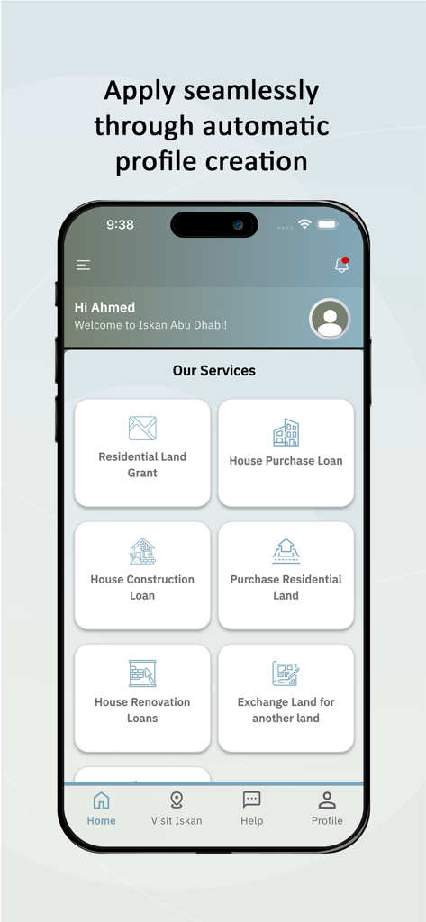 Iskan Abu Dhabi -إسكان أبوظبي - Iskan Abu Dhabi mobile app dashboard showing housing service options including land grants and home loans