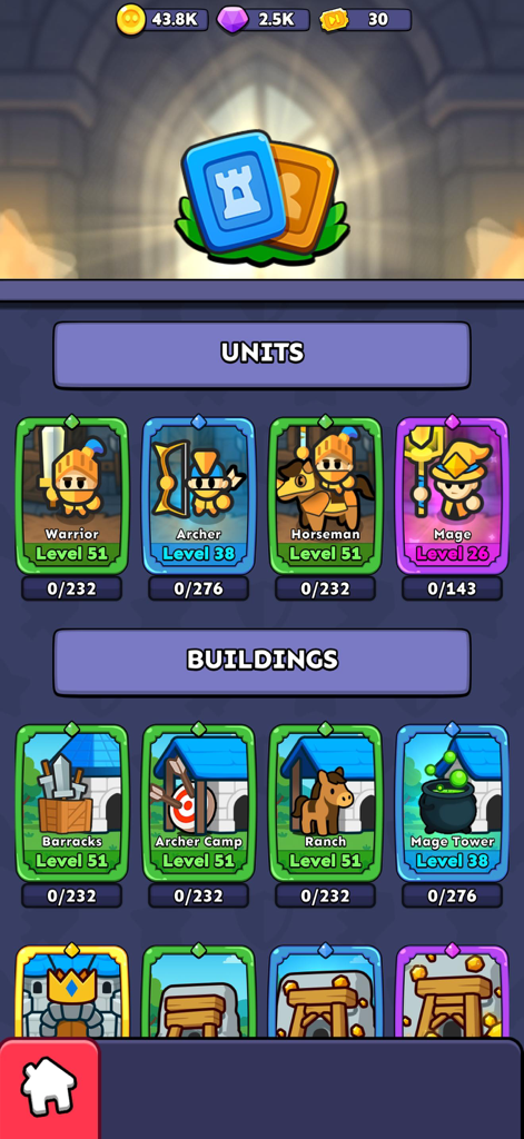 Fortress Merge - Interfaz del juego Fortress Merge mostrando un menú con unidades de personajes y edificios de defensa.