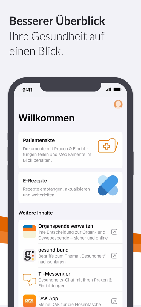 DAK ePA - Startbildschirm der DAK ePA App mit Abschnitten für Patientenakten und E-Rezepte