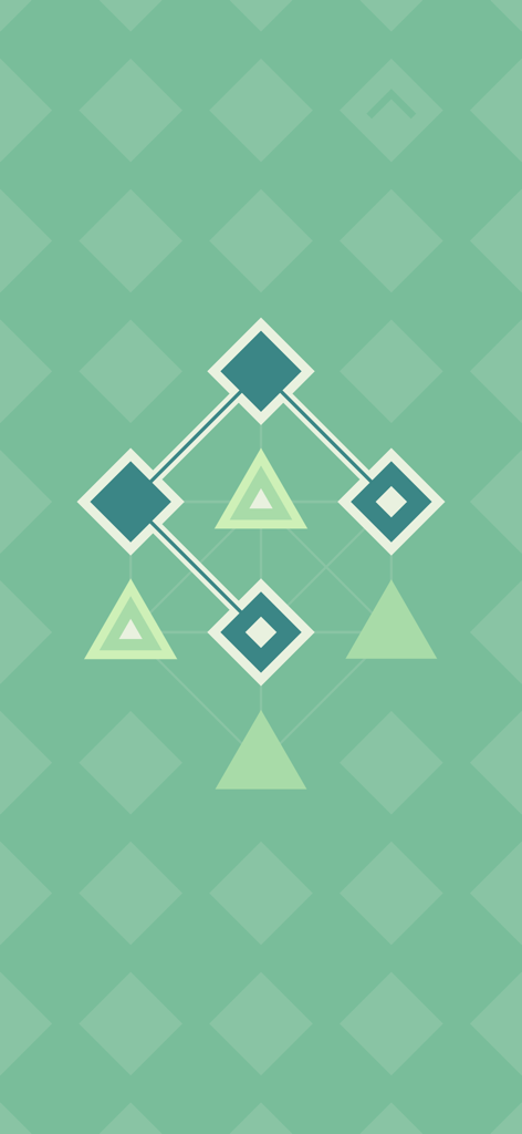 Uma tela de quebra-cabeça minimalista do jogo LYNE com diamantes azuis escuros e triângulos verde-claros conectados em um fundo estampado.