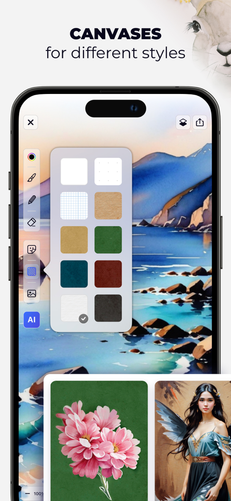 Pocket Sketchbook - Drawing - Interfaz de la aplicación Pocket Sketchbook en un iPhone que muestra una variedad de texturas y colores de lienzo para diferentes estilos de dibujo.