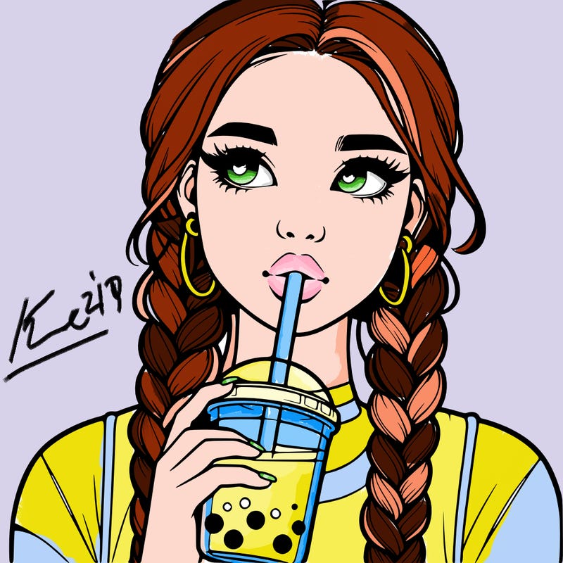 realistic girl with braided hair drinking boba
