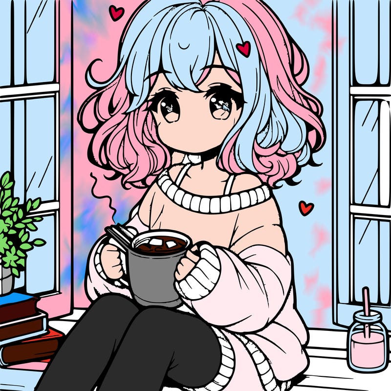 cute anime girl reading book and drinking hot chocolate from mug with loose wavy hair wearing a baggy sweatshirt and shorts sitting by windowsill looking out