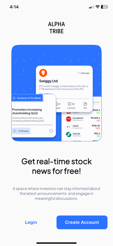 Alpha Tribe: Stock Market - Écran d'accueil Alpha Tribe pour les nouvelles et annonces boursières indiennes en temps réel