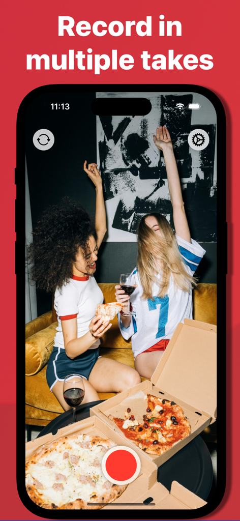 Pause Camera:  Video Recorder - Interfaz de un smartphone mostrando la app Pausa de Video grabando a dos amigos en una fiesta de pizza con el texto Grabar en tomas múltiples