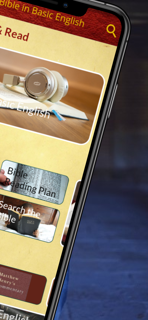 BBE Basic English Bible - Pantalla de inicio de la aplicación BBE Basic English Bible con opciones de escucha de audio y herramientas de estudio
