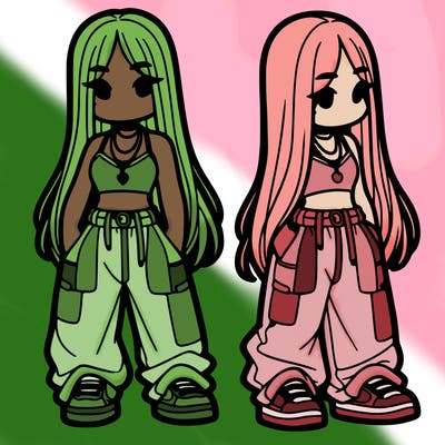 girl in baggy pants crop top and long hair