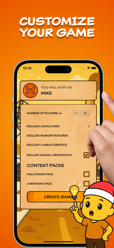Bunker Board game settings screen for customizing player numbers and content packs