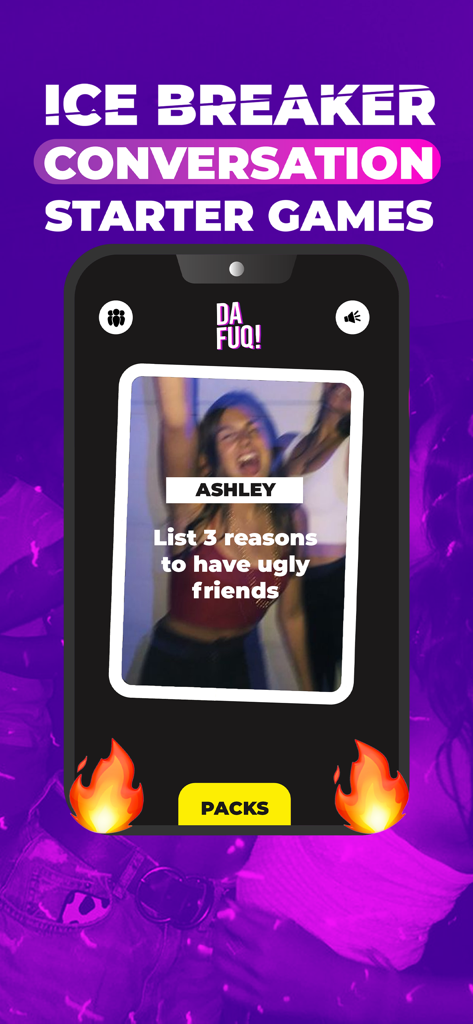 DAFUQ - Party Game - DAFUQ party game app interface showing an ice breaker conversation starter card prompt.