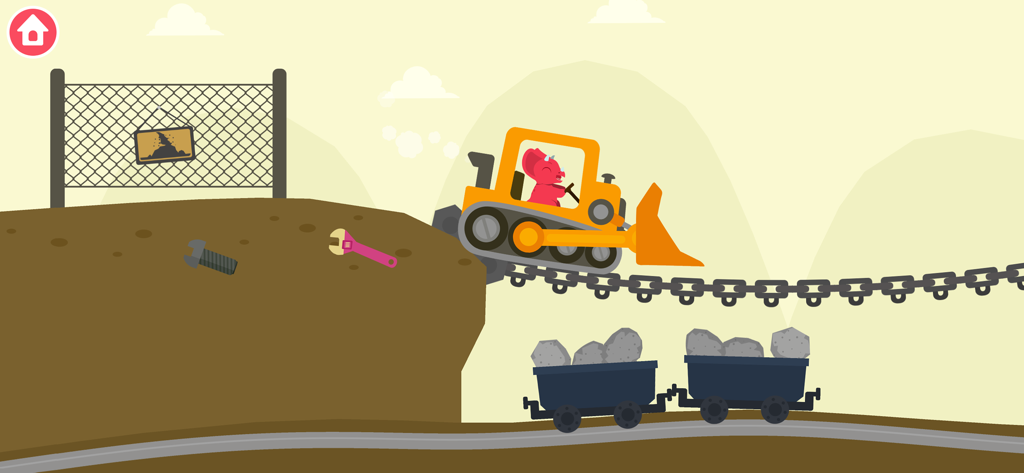 Dinosauro rosa che guida un bulldozer giallo su un ponte a catene sopra vagoni da miniera