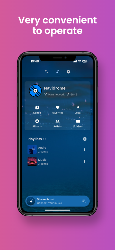 Musiver - Enjoy music - Musiver mobile app interface showing music library navigation and Navidrome server connection