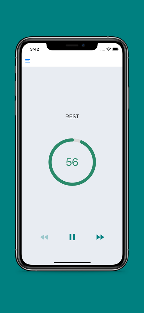 Move: Workout and fitness - Workout-Ruhetimer-Oberfläche in der Move-Fitness-App mit einem Countdown von 56 Sekunden