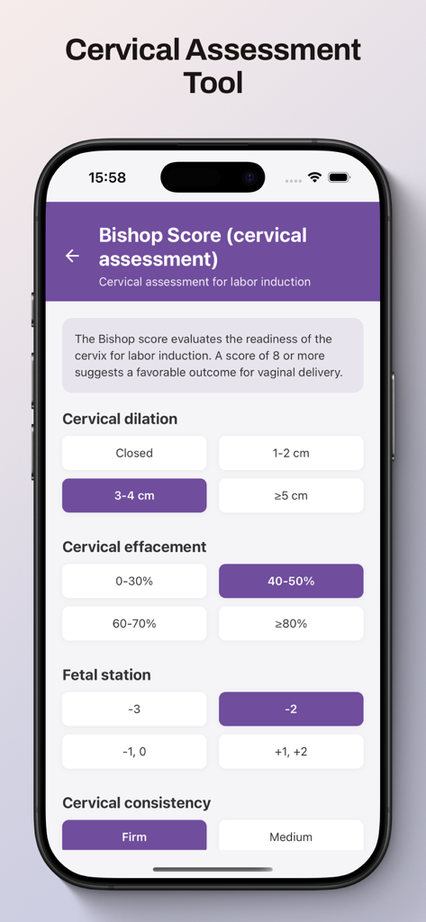 Obstetric Calculators - Bishop Score cervical assessment interface for labor induction readiness in the Obstetric Calculators app