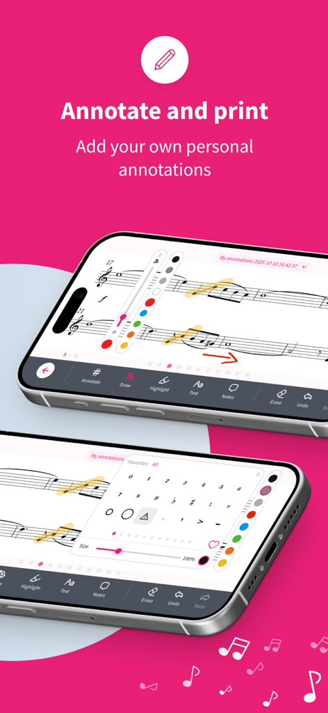 Digital sheet music with hand drawn annotations and highlights in the Tomplay app
