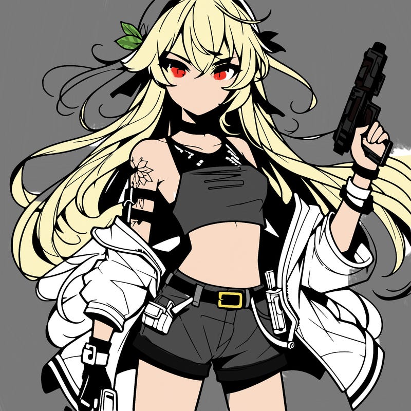 bad girl wearing crop top holding a gun long hair anime