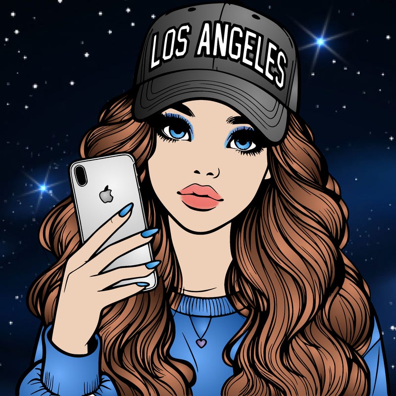 realistic beautiful girl wearing los ángeles cap holding an iphone
