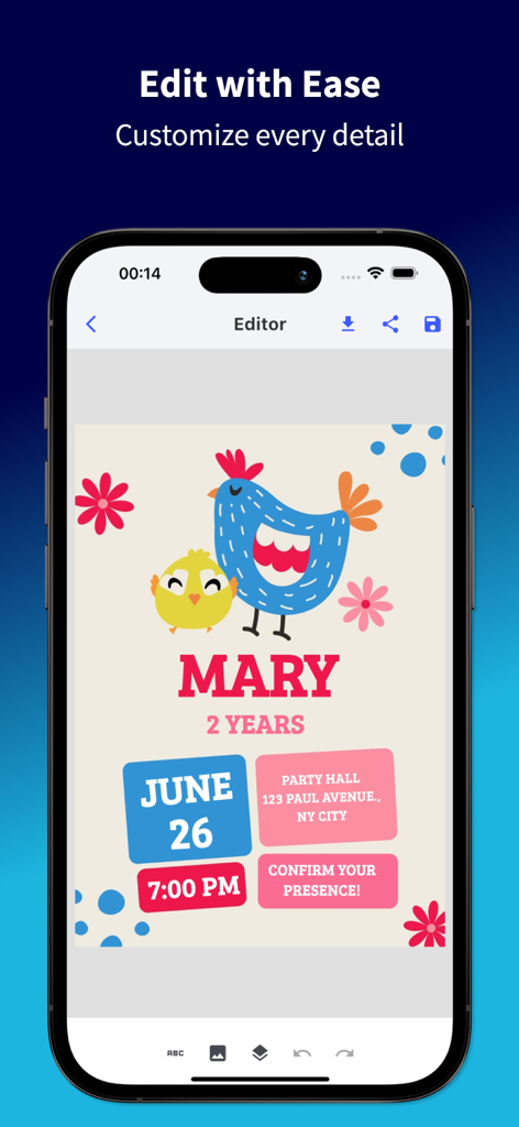 Birthday Invitation Easy 2025 - Interfaz del editor de la aplicación móvil que muestra una plantilla de invitación de cumpleaños personalizable para niños con un lindo diseño de pollo.
