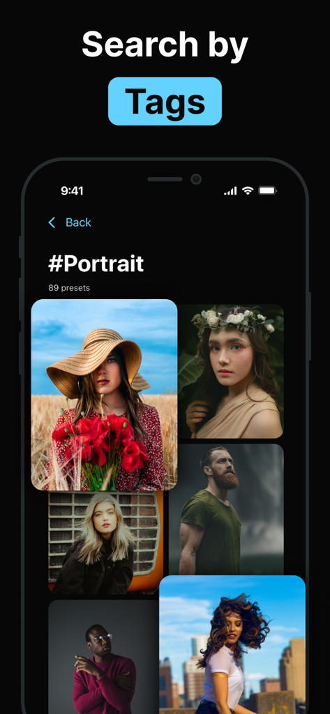 Presets for Lightroom Editor - ポートレートタグの下にあるポートレート写真フィルターの選択肢を表示する、Lightroom Editor用プリセットのタグ検索機能。