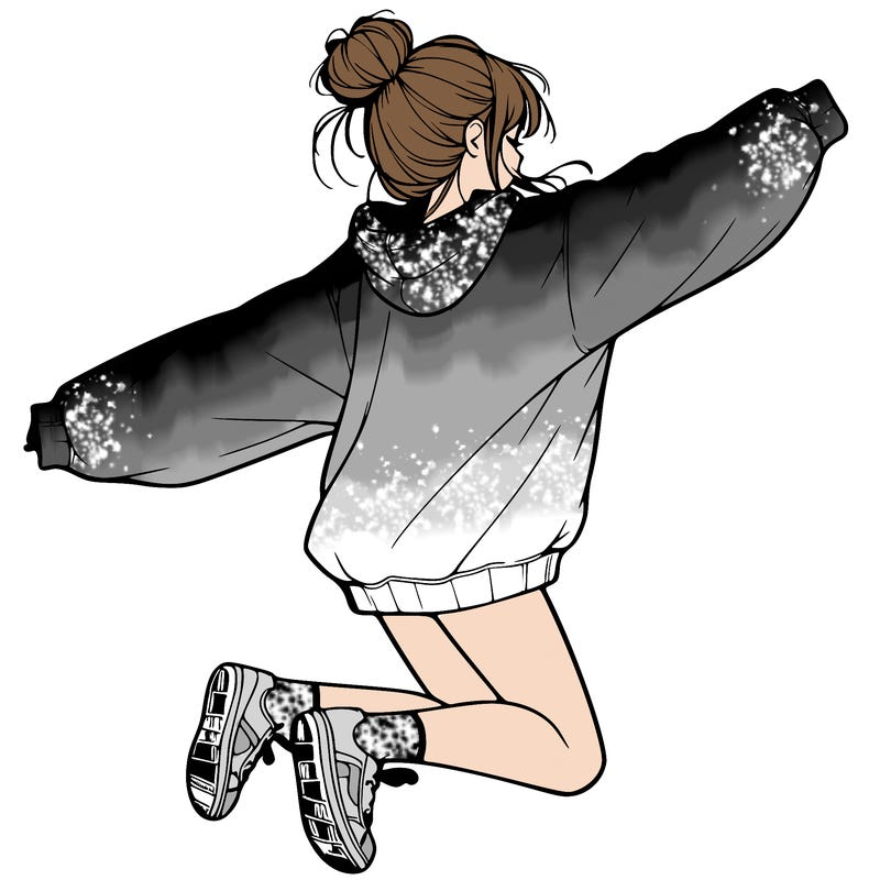 realistic girl jumping with a bun and oversized sweatshirt