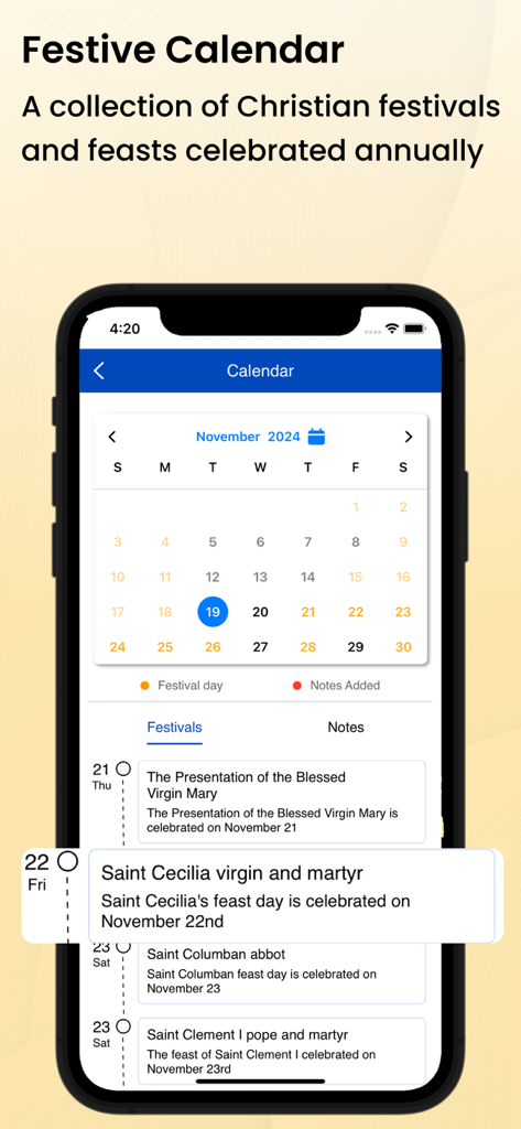 Festive calendar screen in the Message Bible app displaying Christian feast days and religious festivals.