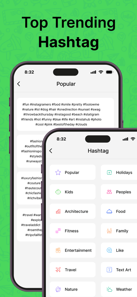 Dual Chat Web - Dual Account - Captura de pantalla de la aplicación Dual Chat Web que presenta un generador de hashtags de tendencia con varias categorías como fitness y viajes