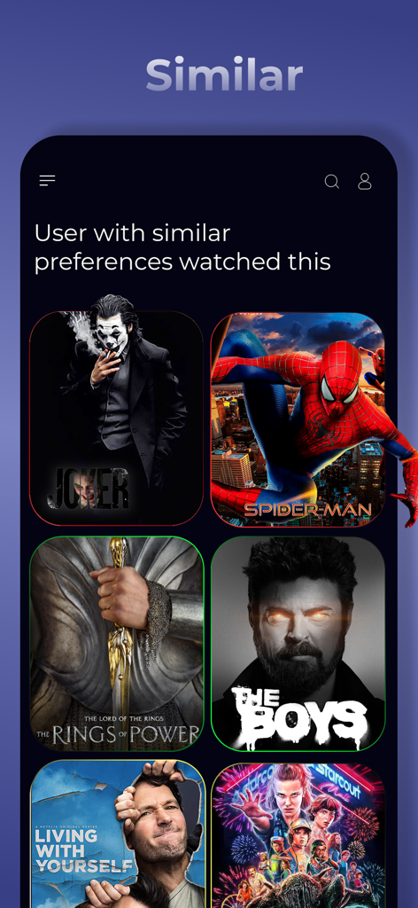 A screen in the MyFlix app showing personalized movie and TV show recommendations like Joker and Spider-Man.