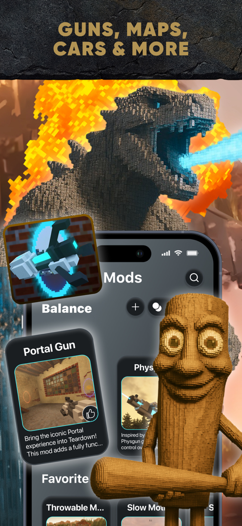 Teardown Game Mods & Maps - Teardown mods app interface featuring a voxel monster and portal gun mod selection