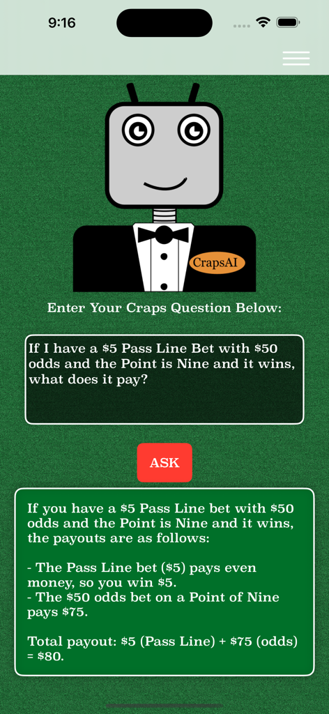 Craps AI app interface showing a robot dealer explaining a betting payout calculation