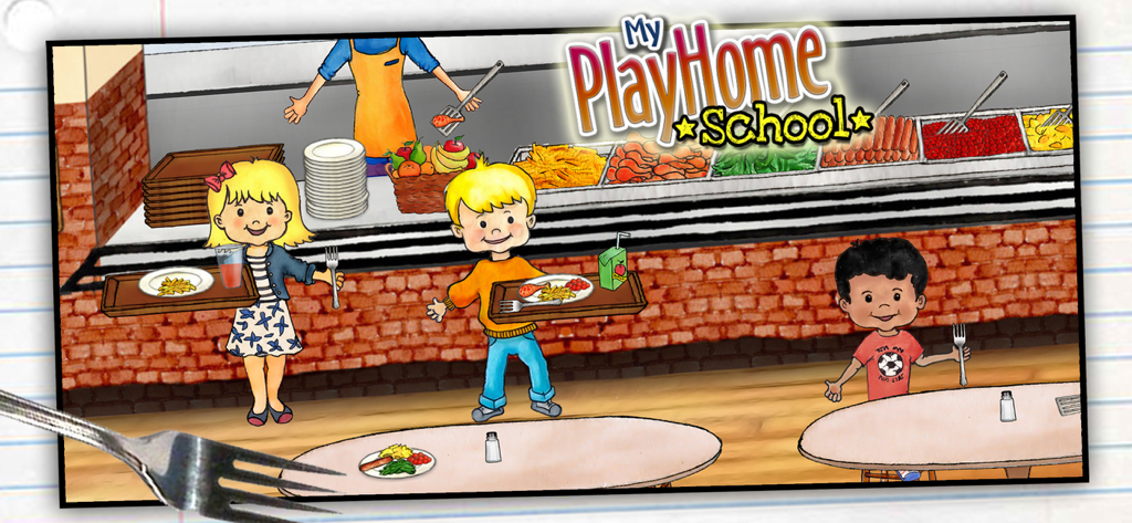 My PlayHome School 앱의 학교 식당에서 쟁반을 들고 있는 아이들
