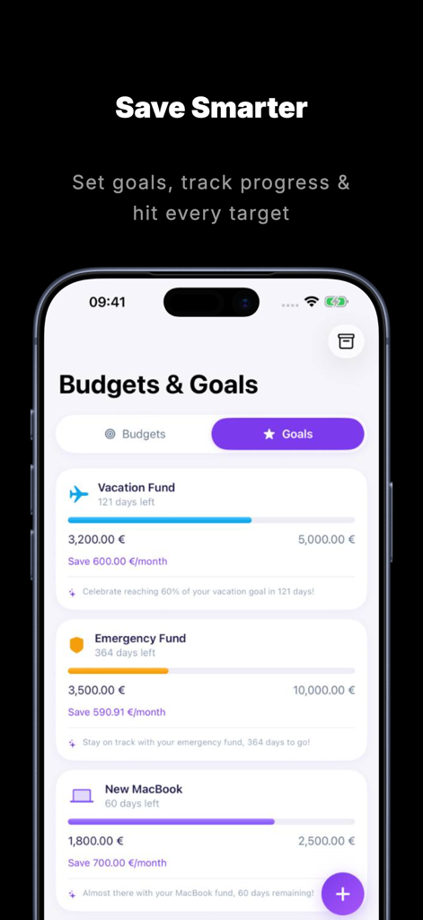 Expense Tracker Genius - Pantalla de metas de ahorro en Expense Tracker Genius que muestra barras de progreso para fondos de vacaciones y emergencia.
