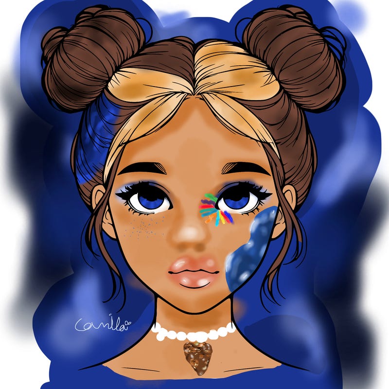 realistic girl with two buns on top of her head