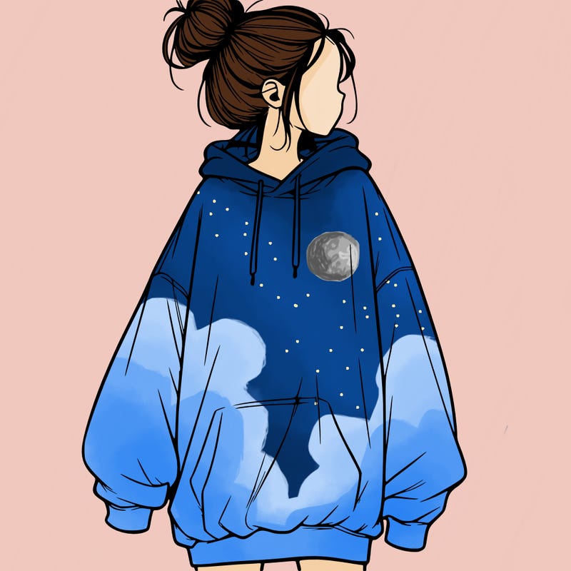 realistic girl with a oversized sweatshirt on and a bun