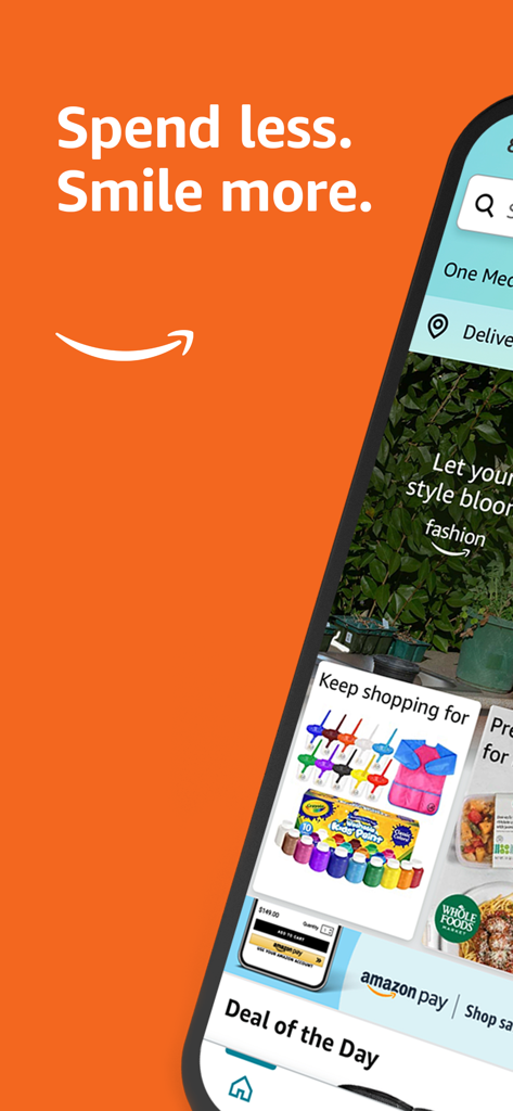 Amazon Shopping - Amazon Shopping app interface displaying product deals and search features on a branded orange background.