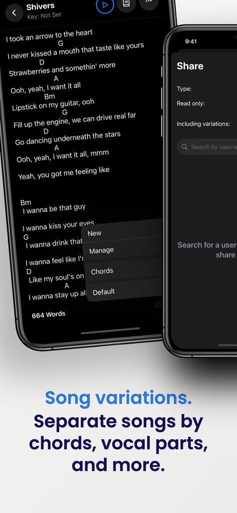 Lyrics: Live - Interface do aplicativo Lyrics Live exibindo letras de músicas com acordes de guitarra e configurações de variação de música